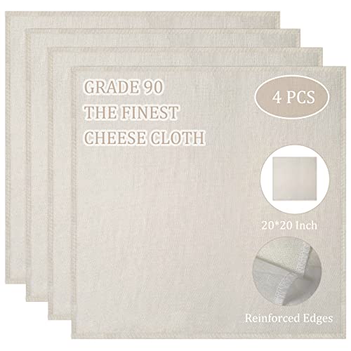 Cheesecloth, Precut 20x20Inch, Grade 90 Hemmed Cheese Cloths for Cooking Reusable and Washable, 100% Unbleached Pure Cotton Muslin Cloths for Straining Butter, Cheese, Nut Milk (4 Pieces)