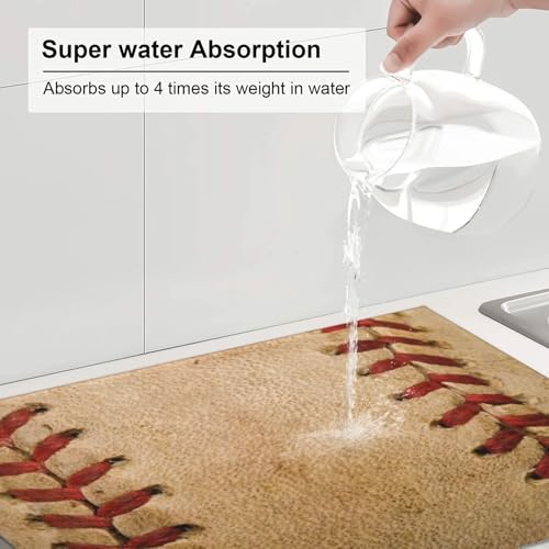 Baseball Dish Drying Mat for Kitchen Counter 18 x 24 inch Baseball Theme Dish Drainer Rack Mats with Hanging Loop Classic Ball Dishes Drainer Pads Retro Balls Grain Drying Pad for Countertop - color: red beige