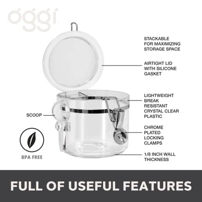 OGGI Clear Canister Airtight 28oz - Clamp Lid & Spoon - Airtight Food Storage Containers, Ideal for Kitchen & Pantry Storage of Bulk, Dry Food Including Flour, Sugar, Coffee, Rice, Tea, Spices & Herbs - size: 28 Fluid Ounces