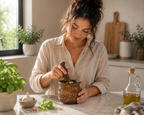 Handmade Wooden Mortar & Pestle Set Natural Rustic Style Herb Spice Grinder Masala Mixer Manual Kharal Mashing Bowl Seasonings Pill Crusher Kitchen Utensils Birthday Housewarming Gift Ideas