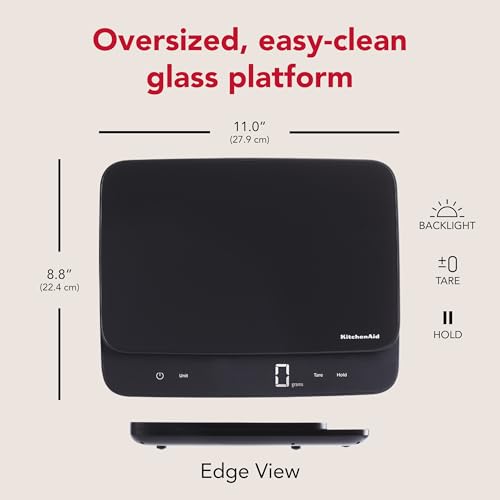 KitchenAid KQ917 High Capacity Glass Surface Digital Kitchen and Food Scale, 30 Pound Capacity and Precision, Grams, Ounces, Pounds, Fluid Ounces & Milliliters, LED, Tare Function, Black