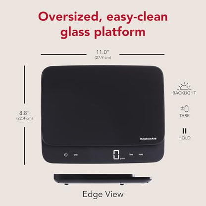 KitchenAid KQ917 High Capacity Glass Surface Digital Kitchen and Food Scale, 30 Pound Capacity and Precision, Grams, Ounces, Pounds, Fluid Ounces & Milliliters, LED, Tare Function, Black