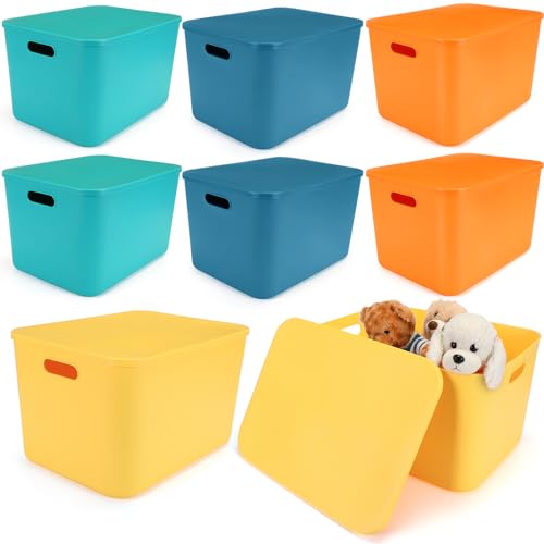 Hoolerry 8 Pieces Colorful Storage Bins with Lid, Plastic Storage Basket Organizing Container Stackable Box with Handle for Shelves Desktop Playroom Office(16.1 x 12.0 x 9.7 Inch,Multi-colored) - color: Multi-colored, size: 16.1 x 12.0 x 9.7 Inch