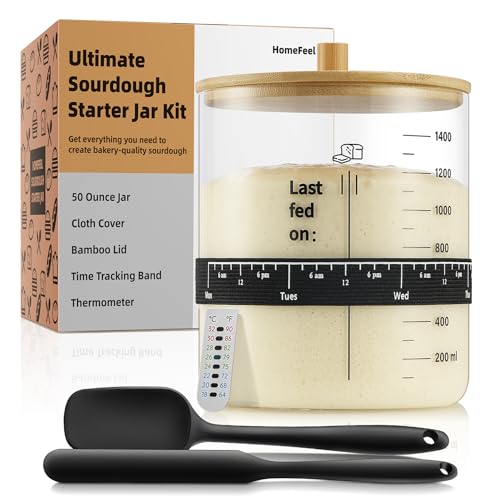 HomeFeel Premium Sourdough Starter Jar - 50 oz Large Glass Jar with Bamboo Lid, Cloth Cover, Date Tracker, Thermometer and Scraper, Stylish Design and Wide Mouth Starter Kit - size: 50 Oz