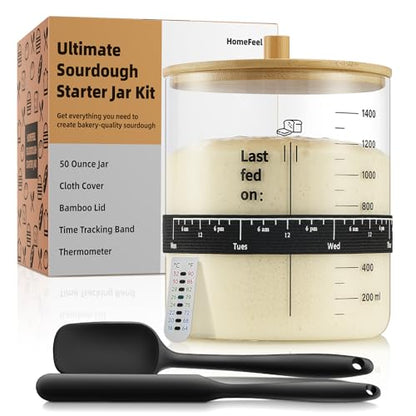 HomeFeel Premium Sourdough Starter Jar - 50 oz Large Glass Jar with Bamboo Lid, Cloth Cover, Date Tracker, Thermometer and Scraper, Stylish Design and Wide Mouth Starter Kit - size: 50 Oz
