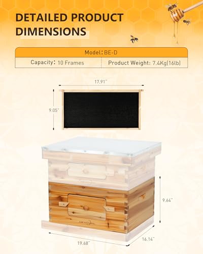 Bee Hive 10 Frame Bee Box Starter Kit, Beeswax Coated Bee Hives for Beekeepers, 2 Deep + 1 Medium Langstroth Beehive Kit, Beekeeping Supplies with Transparent Plastic Window and Queen Excluder