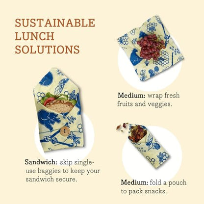 Bee's Wrap Beeswax Wraps for Food - 3 Pack of Assorted Beeswax Wraps - 2 Medium & Sandwich Wrap - Plastic Free Made in USA Reusable Natural Food Wrap - Bees & Bears - style: Lunch Pack Bees + Bears