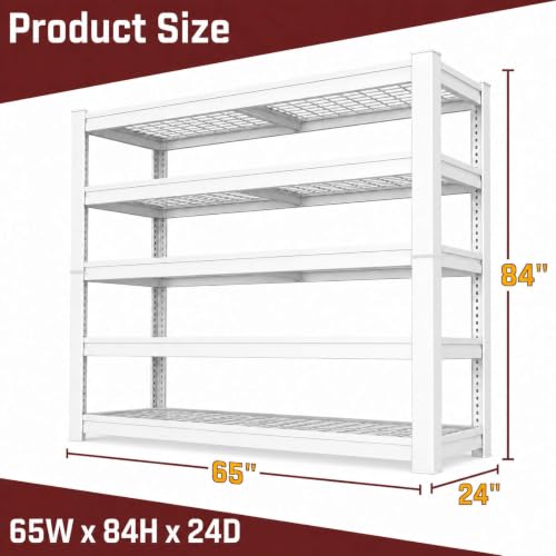 White Heavy Duty Garage Shelving Unit 65 W x 24 D x 84 H, 5 Tier Metal Storage Shelves, Upgraded Steel Structure, Rack for Basement, Shop, Warehouse, Pantry - size: 65W x 24D x 84H
