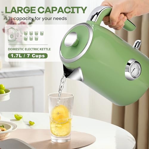 PUKOMC Electric Kettle,1.7L Stainless Steel Electric tea kettle | Temperature Gauge, Fast Boiling, Auto Shut - off, BPA - Free, Boil - Dry Protection 1500W,LED Light,Easy clean - color: Green