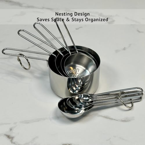 Stainless Steel Measuring Cups and Spoons Set, 8 Piece, Silver, Engraved Measurements, Nesting Metal Measuring Set for Baking & Cooking - color: Silver