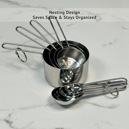 Stainless Steel Measuring Cups and Spoons Set, 8 Piece, Silver, Engraved Measurements, Nesting Metal Measuring Set for Baking & Cooking - color: Silver