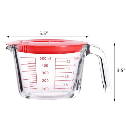 Glass Measuring Cups with Lids Set, Borosilicate Glass V-Shaped Spout Microwave Safe Scales Milk Cup for Cooking Baking (Red, 2CUP) - color: Red