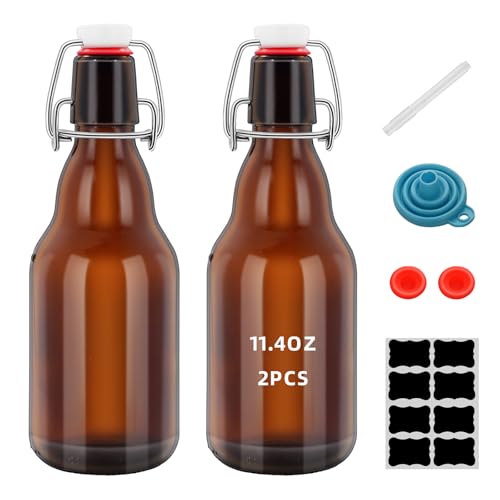 2Pcs Amber Beer Bottles with Flip Caps, 12oz Glass Bottle with Swinging Top for Airtight Lids, Home Brewing and Fermentation Kombucha, Vanilla Extract, Beverage, Water, Kefir