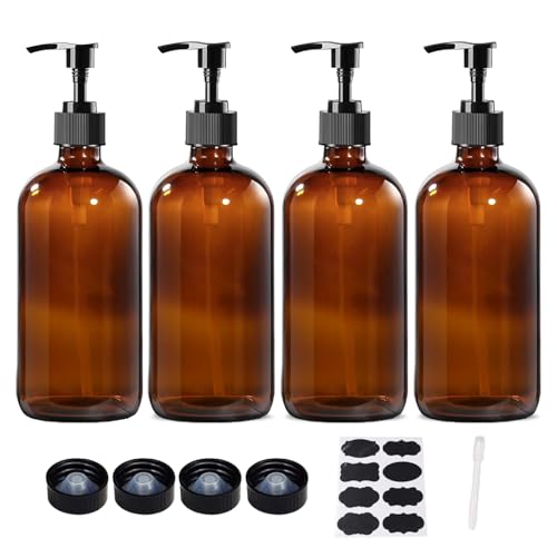 4 Pack 16 oz Amber Glass Bottles with Pumps for Shampoo, Essential Oils, Cleaning Products, Lotions, Aromatherapy Oil, Pump Bottles, Refillable Containers with Cap, 8 Chalk Labels, 1 Pen - size: 16 oz Amber 4Pack