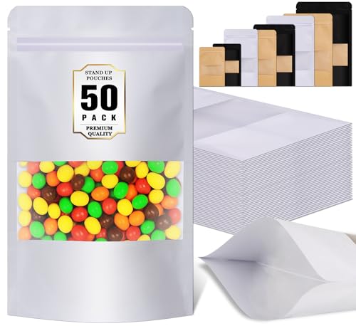 Jetmore 50 Pack Resealable Bags, Reusable Snack Bags with Window, Smell Proof Stand Up Pouches, Cookie Bag with Seal, Sealable Packaging Bag for Coffee, Tea, Herbs, Spice, Candy, Favor, Food Storage - color: White, size: 4.7x7.9in (12x20cm)