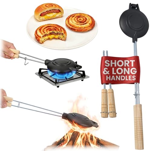 교체 가능한 손잡이가 있는 주철 샌드위치 메이커(25.4cm(10인치) 및 38.1cm(15인치)) Disquera De Pan Cubano Redondo로도 이상적입니다 | 맛있는 샌드위치를 만들기 위한 캠핑용 고품질 호보 파이 메이커 - style: 유닛 1개 + 핸들 2개