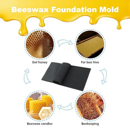 Silicone Beeswax Foundation Press Mold with Honey Scraper, 5.4mm Honeycomb 2 Sheets Non-Stick Reusable for Beekeeping and Candle Making Supplies (Black) - color: Black