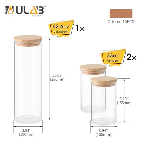 ULAB 3.5mm Thick Glass Food Container Set with Lid, 2PCS of 33oz,1pc of 62.6 OZ Clear Storage Jar, Glass Airtight Canisters set for Cookie, Pasta, Coffee Beans, USJ1006 - color: 33oz-2pcs&62.6oz-1pc