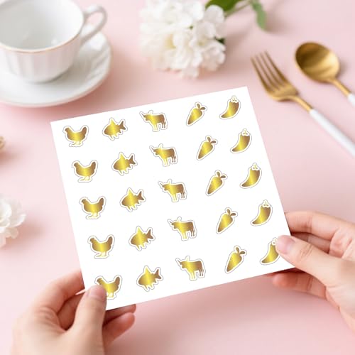500Pcs Wedding Food Stickers Gold Menu Stickers Chicken Fish Cow Carrot Chili Pattern 0.8 Inch Golden Wedding Menu Indicator Decal Plastic Waterproof Label for Place Cards Party Supplies - color: Gold-2
