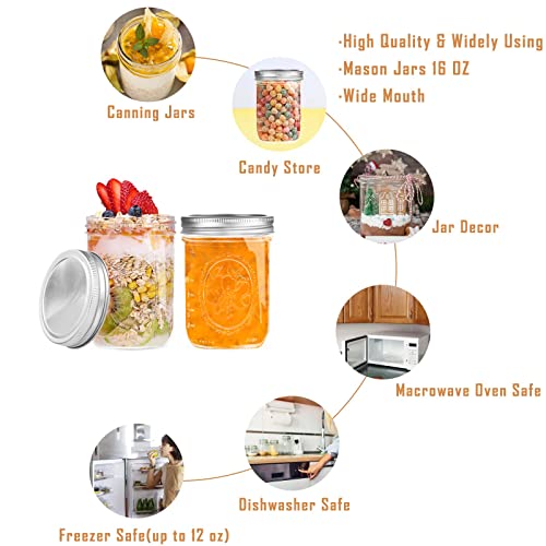 Miuyhji Wide Mouth Mason Jars 16 oz with Lids [6 Pack], Canning Jars with Metal Airtight Lids and Bands, 16 oz Glass Jars for Fermenting, Pickling, Freezing, Preserving, Meal Prep, Jar Décor - size: 16 oz-6Pcs (Clear)