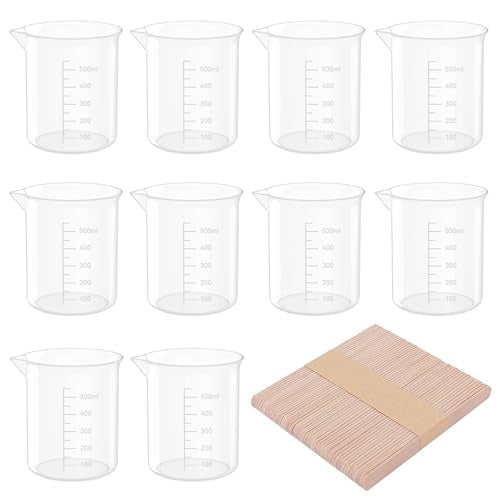 12 Pack 17 Oz Transparent Lab Measuring Cup | 500ml Plastic Beaker Cups with 50 Pack Wooden Stirring Sticks for Science Experiment, Measuring - size: 500ml/17oz