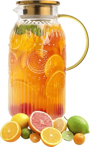 Amzcku Glass Pitcher with Lid, 68 oz/ 2 Liter Vintage Water Pitcher,Glass Water Carafe for Cold Brew, Coffee, Lemonade, Iced Tea,Beverage, Heat Resistant Water Glass Jug 1Pack - size: 68 Ounces (1 Pack)