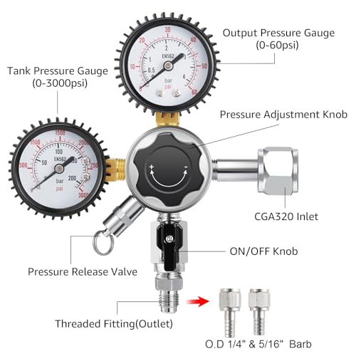 MRbrew Updated 0-60PSI CGA-320 Keg CO2 Regulator, Thread Outlet with 1/4" & 5/16" Barb | Kegerator Regulator with Pressure Adjustment Knob, Beer Regulator with Safety Manual Pressure Relief Valve - size: One Output Thread - Mildly Carbonated