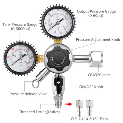 MRbrew Updated 0-60PSI CGA-320 Keg CO2 Regulator, Thread Outlet with 1/4" & 5/16" Barb | Kegerator Regulator with Pressure Adjustment Knob, Beer Regulator with Safety Manual Pressure Relief Valve - size: One Output Thread - Mildly Carbonated