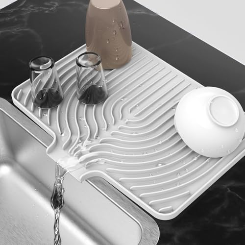 Dish Drying Mat for Kitchen Counter, 18"x12" Dish Drying Rack(white) | Various Sizes & Colors,Steep-Slope Built in Drain,High-fin Ventilation,Food-grade Silicone,500F heat resistant,for Flat sinks - color: White, style: 18×12inch