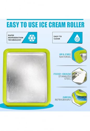 Extra Large Rolled Ice Cream Maker (14"x10") - Make Instant IceCream w/the Family - Manual Roll Your Own IceCream - Roll Ice Cream Tray (Green) - color: Green