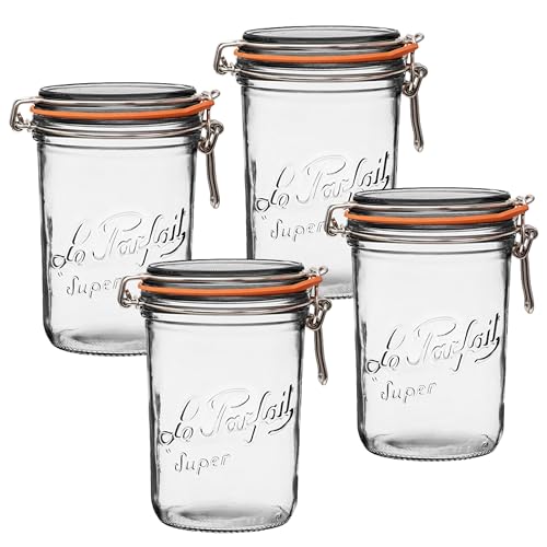 Le Parfait Super Terrine 1L (32oz) Zero Waste Eco-Friendly Glass Canning Jars, Airtight Rubber Seal & Wire Bail Lid, BPA-Free, Water Bath Safe for Food Storage & Preserving, Made in France, 4PK - color: 1L (Set/4)