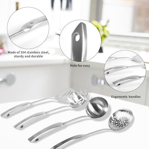 Newness 4 Pcs Cooking Utensils Set, 304 Stainless Steel Kitchen Utensils Set, Metal Kitchen Accessories, Include Soup Ladle, Slotted Skimmer Spoon, Spaghetti Spoon and Spatula, Dishwasher Safe - size: 4 PCS Cooking Utensils Set