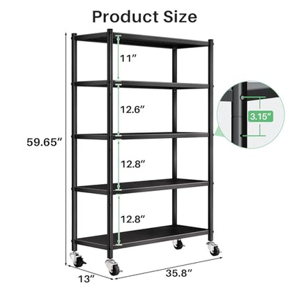PXRACK Metal Shelving for Storage, 5 Tier Adjustable Kitchen Storage Shelves with Wheels, Shelving Unit Bookshelf Utility Shelf Metal Storage Rack for Garage Pantry Closet Laundry, 35.8"x13"x59.65" - size: 35.8"L x 13"W x 59.65"H