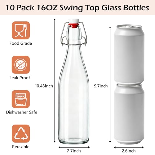KEYWING 16oz Swing Top Glass Bottles, 10 Pack Glass Bottles with Lids, Airtight Flip Top Bottles for Fermentation, Kombucha, Vanilla Extract, Soda, Juice, Vinegar & Oil - size: 16oz 10 pack