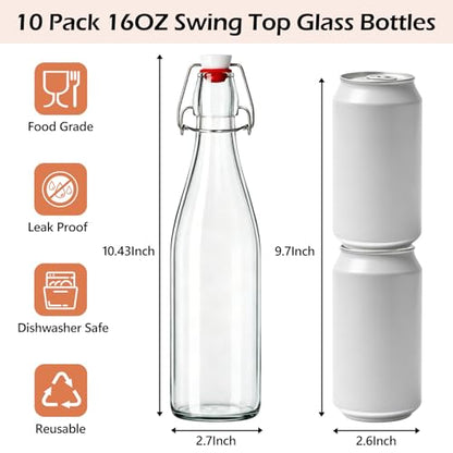 KEYWING 16oz Swing Top Glass Bottles, 10 Pack Glass Bottles with Lids, Airtight Flip Top Bottles for Fermentation, Kombucha, Vanilla Extract, Soda, Juice, Vinegar & Oil - size: 16oz 10 pack