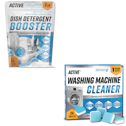 ACTIVE Washing Machine Cleaner and Dishwasher Detergent Booster - Includes 24ct Washer Cleaning Tablets and 32oz Dish Boosting Powder
