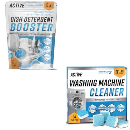 ACTIVE Washing Machine Cleaner and Dishwasher Detergent Booster - Includes 24ct Washer Cleaning Tablets and 32oz Dish Boosting Powder