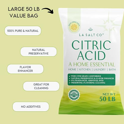 LA SALT CO Citric Acid 50 Pounds, 100% Pure Food Grade, USP, Kosher, Non-GMO, Fragrance Free - size: 800 Ounce (Pack of 1)