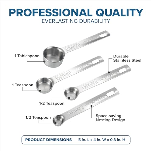 Viking 4-Piece Stainless Steel Measuring Spoons Set, 304 Stainless Steel, Nesting Design with Removable Ring, Dishwasher Safe