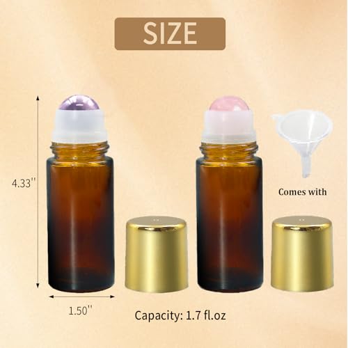 Rose Quartz & Amethyst Roller Bottles for Essential Oils, 50ml Refillable Amber Glass Roll On Bottles with Natural Crystal Roller Balls, Leak-Proof Travel Perfume Bottle with Gold Caps - color: Pink+Purple