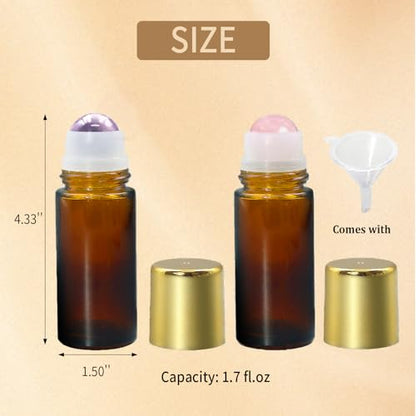Rose Quartz & Amethyst Roller Bottles for Essential Oils, 50ml Refillable Amber Glass Roll On Bottles with Natural Crystal Roller Balls, Leak-Proof Travel Perfume Bottle with Gold Caps - color: Pink+Purple