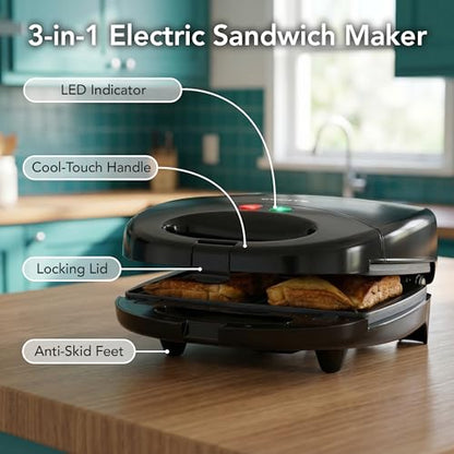 OVENTE Electric Sandwich, Panini and Waffle Maker Set with 3 Removable Non-Stick Plates, 750 Watts, Perfect for Grilled Cheese, Tuna Melts, Burgers, Steaks and Snacks, Black GPI202B - color: GPI202B