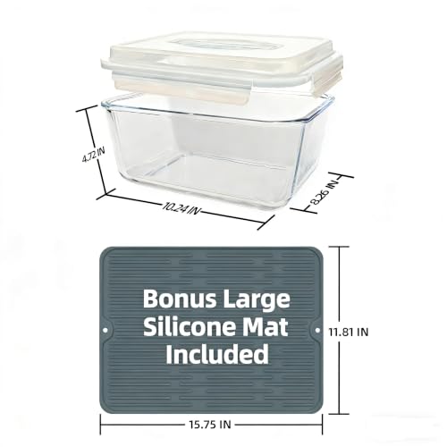 Extra Large Glass Storage Containers with Lids 200oz/6000ml/26cup | Silicone Mat Included | Borosilicate Glass | Airtight | Freezer Oven Dishwasher Safe | Rotisserie Chicken | XL Big Food Bowl - color: Light blue