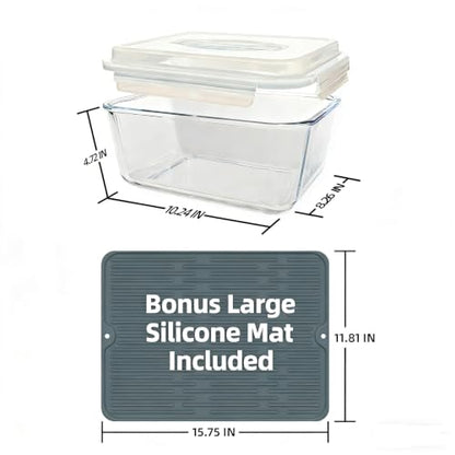 Extra Large Glass Storage Containers with Lids 200oz/6000ml/26cup | Silicone Mat Included | Borosilicate Glass | Airtight | Freezer Oven Dishwasher Safe | Rotisserie Chicken | XL Big Food Bowl - color: Light blue