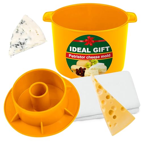 Cheese Mold for Cheese Making Cheese with Follower 1/2 gal Yello and Cotton Cheesecloth - Cheesemaking Supplies - Cheese Form Mold - Cheese Making Basket - Molde Para Queso Casero - Cheese Press