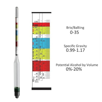Triple Scale Hydrometer for Wine Beer Cider Alcohol Testing Home Brewing