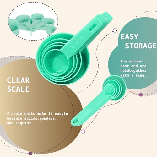 Inmorven 10pcs Measuring Cups and Spoons Set, BPA-Free Plastic Kitchen Baking Tools with Engraved Markings, Stackable Design for Dry & Liquid Ingredients (Green) - color: Green