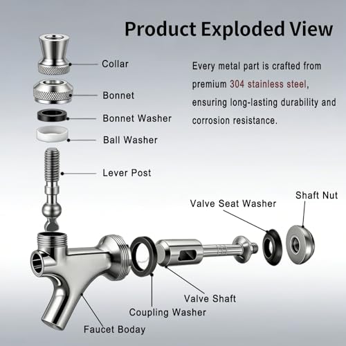 4 Sets All 304 Stainless Steel Beer Tap Faucet Kit - Draft Beer Dispenser with Handle, Spout Cover & Cleaning Brush for Kegerator Home Bar (All Stainless Steel Construction) (4)