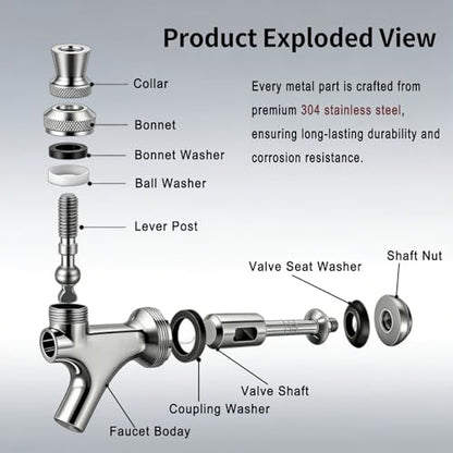 4 Sets All 304 Stainless Steel Beer Tap Faucet Kit - Draft Beer Dispenser with Handle, Spout Cover & Cleaning Brush for Kegerator Home Bar (All Stainless Steel Construction) (4)