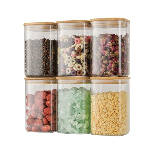 D2scrma 37oz Airtight Glass Square Storage Canisters with Bamboo Lid Set of 6 (1100ml) Stackable Containers, Kitchen Jars for Pantry Noodles, Flour and Coffee beans (‎with Black Lable) - size: 37oz*6
